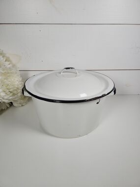 Vintage White and Black Enamel Stock Pot with Lid- Enamelware- Farmhouse Decor